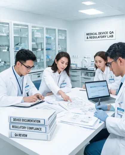 Regulatory team in lab coats